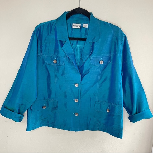 CHICO’S 100% Silk Shiny Teal Lightweight Button-Front Jacket Blazer, Large - Picture 2 of 12